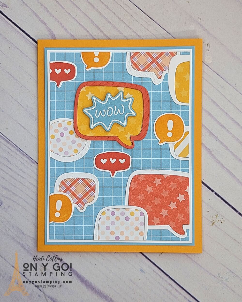 A fancy handmade card with the Conversation Bubbles stamp set and dies from Stampin' Up!® This fun card also uses the Dandy Designs patterned paper. Get this paper free during Sale-A-Bration 2023. 