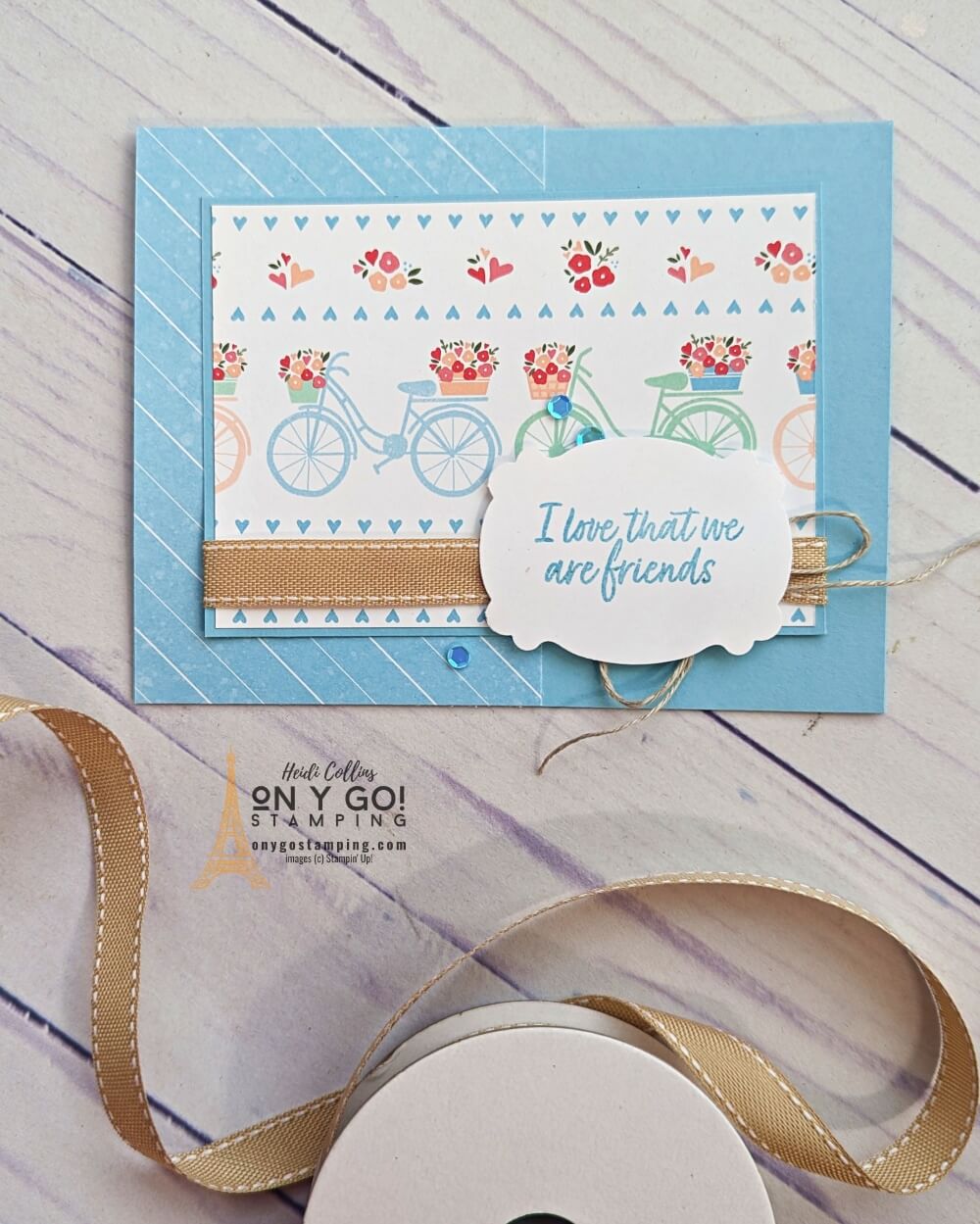 This Valentine's Day, show your friend how much they mean to you with a handmade card using the Country Bouquet stamp set and punch from Stampin' Up! Pairing your design with some festive patterned paper, you can craft a card with a cute bicycle motif that your friend will love.