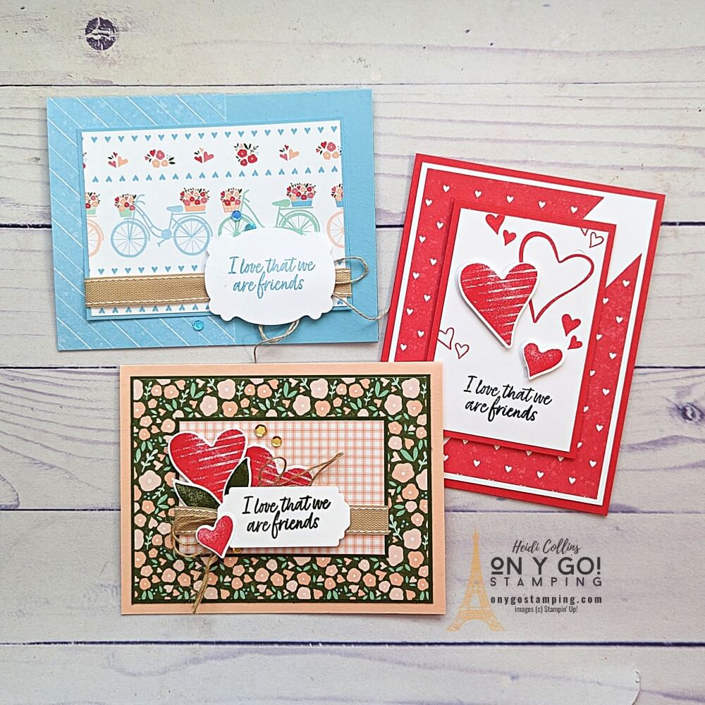 Are you looking for the perfect way to send a heartfelt Valentine’s Day card to the special someone in your life? Look no further than the Country Floral Lane Suite from Stampin’ Up!, featuring the Country Bouquet stamp set and coordinating patterned paper. This suite makes it easy to create a handmade card full of love and beauty! See the sample cards.