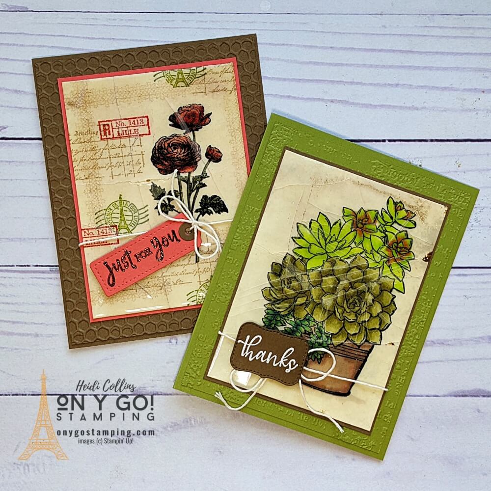 See how to do the Broken Glass Card Making Technique. Plus get a free downloadable quick reference guide. Sample card designs using the Ranunculus Romance and Simply Succulents stamp sets from Stampin' Up!®