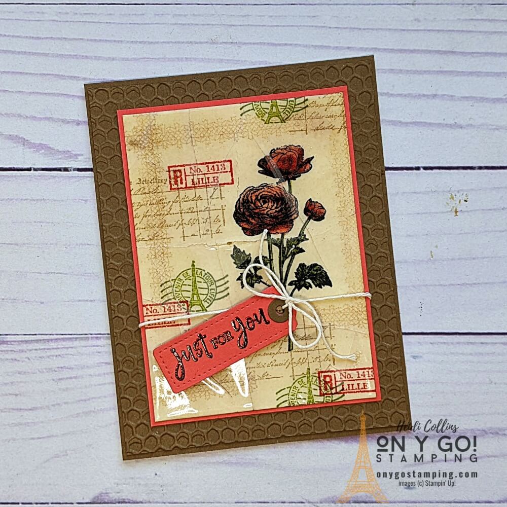 Handmade card design using the cracked glass rubber stamping technique with the Ranunculus Romance stamp set from Stampin' Up! Get the free quick reference guide.