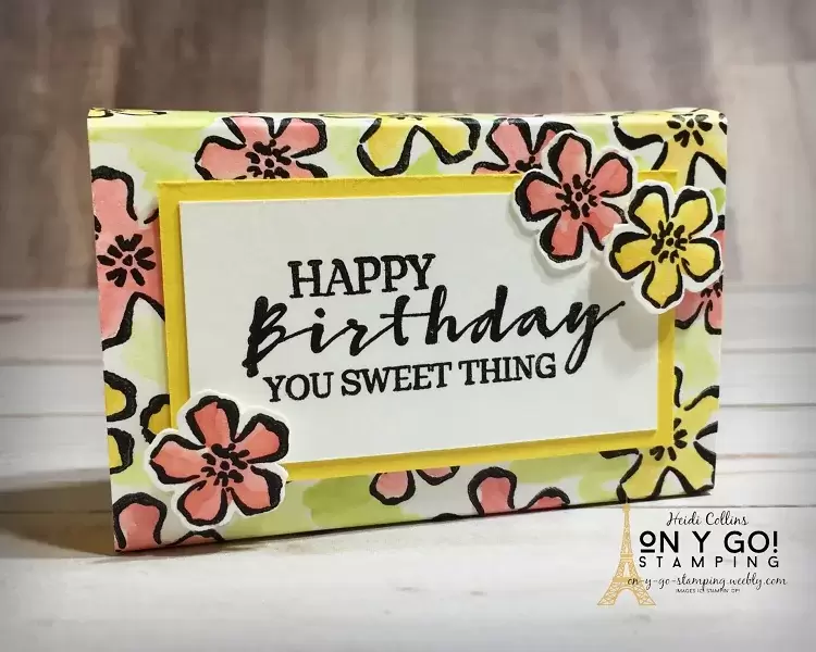 Matchbox gift box for 2 Ghirardelli chocolates using the Sweet Strawberry Stamp set from Stampin' Up! Easy watercoloring makes the flowers on this box pop.