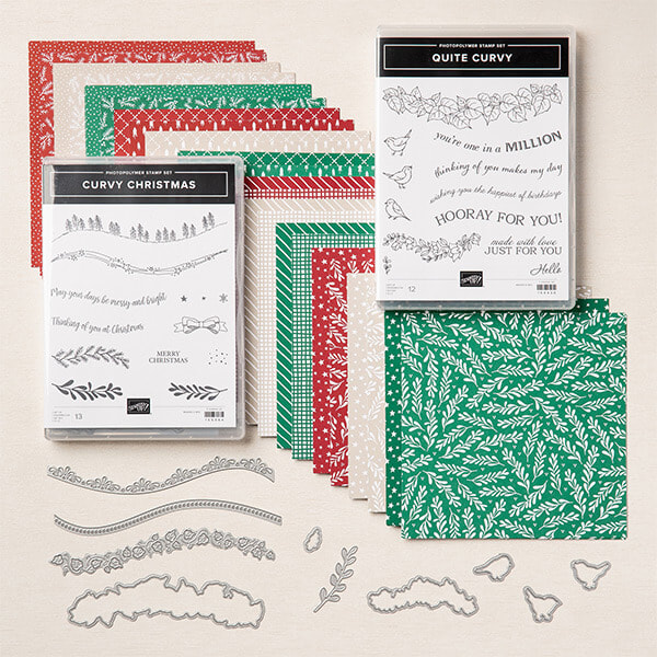 Quite Curvy Variety Bundle including the Quite Curvy stamp set, Curvy dies, Curvy Christmas stamp set, and Classic Christmas patterned paper.