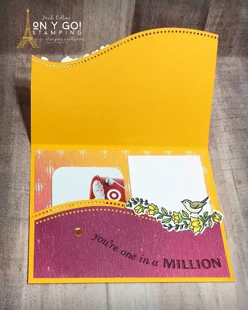 Inside of a unique gift card holder diy using the Artistry Blooms patterned paper, Quite Curvy stamp set, and Curvy dies from Stampin' Up!