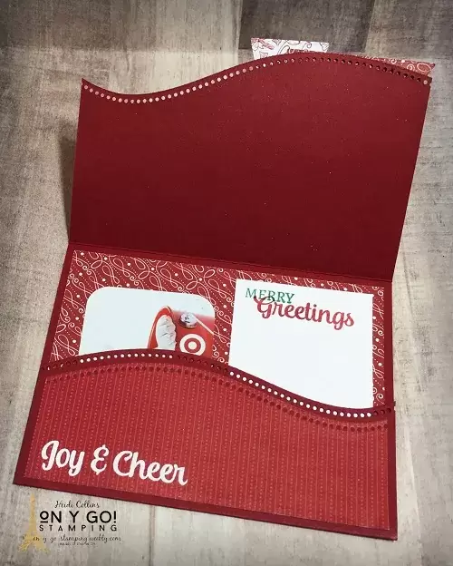 Inside of an easy gift card holder using the 'Tis the Season patterned paper and Tree Angle stamp set from Stampin' Up!