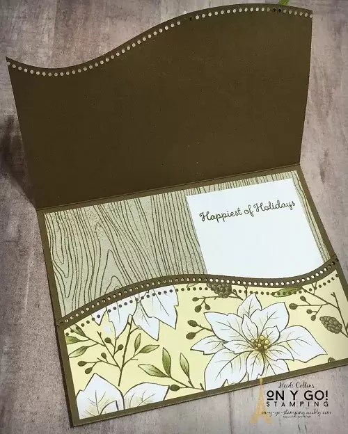 Inside of a unique gift card holder idea using the Curvy dies and the Poinsettia Place patterned paper from Stampin' Up!