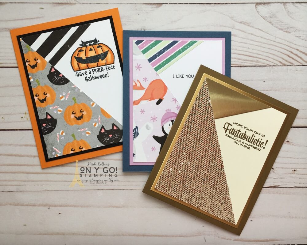 Create these super quick and easy handmade cards with a little patterned paper and some rubber stamps. These card ideas for halloween, winter, birthdays, and whenever can be made with any scrapbooking paper. Supplies used are from Stampin' Up! #SimpleStamping