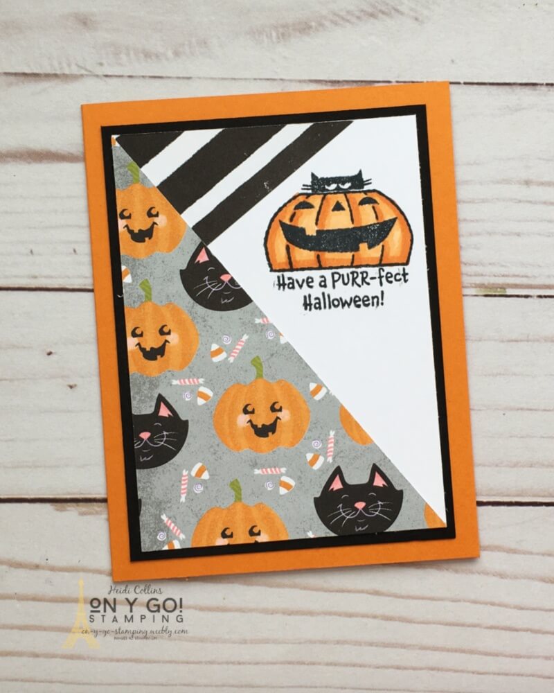 Easy Halloween card idea using the new Cute Halloween patterned paper from Stampin' Up! and the Clever Cats stamp set. Both the scrapbooking paper and rubber stamps are from the August-December Mini Catalog.