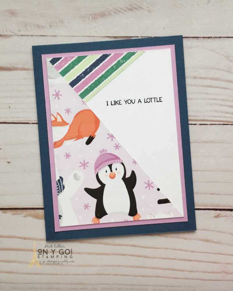 Fun penguin card idea to show someone you care. This card is simple to make and uses the Penguin Playmates patterned paper that you can get for FREE during Sale-A-Bration from Stampin' Up! with a qualifying purchase. It coordinates beautifully with the Penguin Place stamp set. #simplestamping