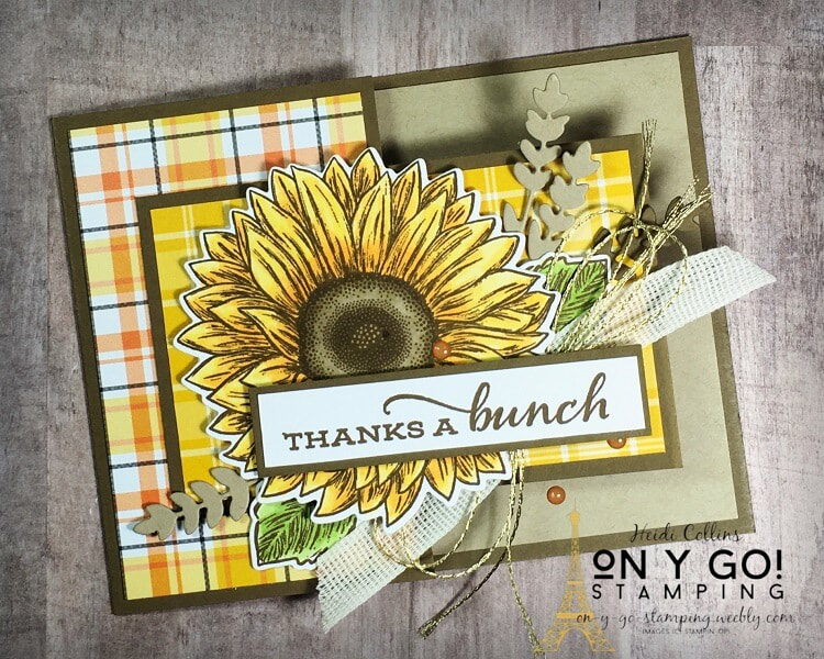 Fancy fold card design idea using the Celebrate Sunflowers stamp set from Stampin' Up! This gorgeous card also features the Plaid Tidings Designer Series Paper.
