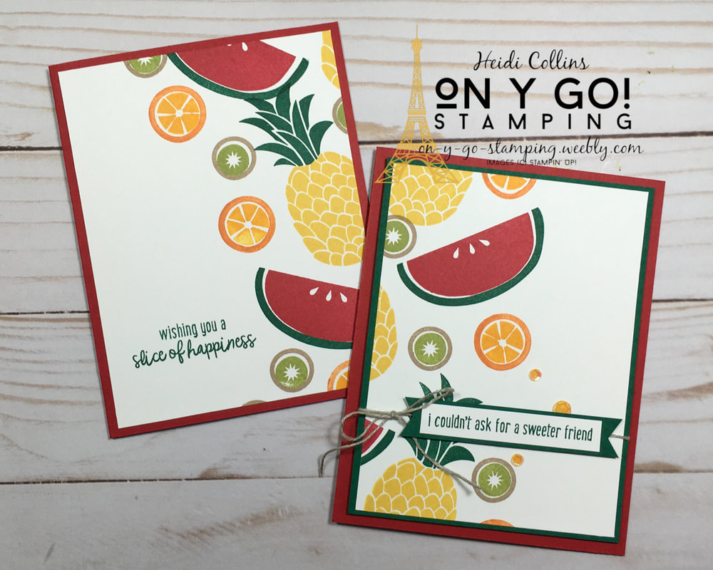Easy split front card idea with the retiring Cute Fruit stamp set from Stampin' Up! Stamp once and create two quick cards that are simple stamping.