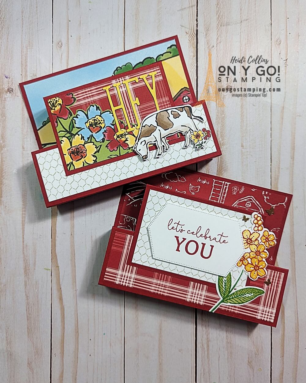 Fun fold card design with the Day at the Farm patterned paper from Stampin' Up!® This fun patterned paper is available during Sale-A-Bration 2023 for free with a qualifying purchase.