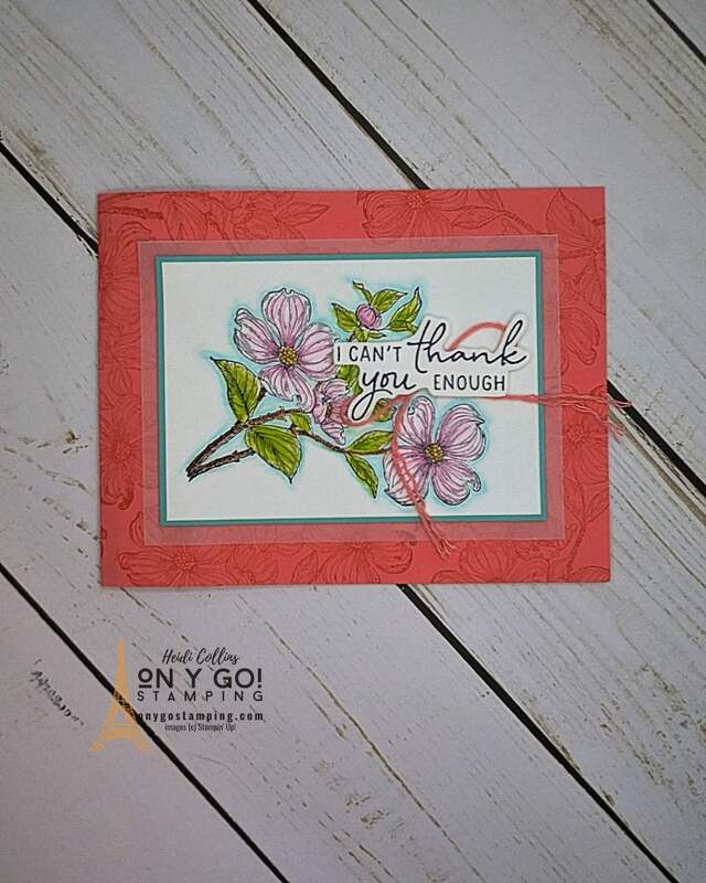 Handmade thank you card with the Detailed Dogwood stamp set. These gorgeous floral rubber stamps are available for free during Sale-A-Bration 2024.