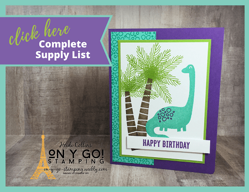 Supply list for an easy card making idea using the Dino Days stamp set from Stampin' Up! This simple card design was created based on a card sketch.