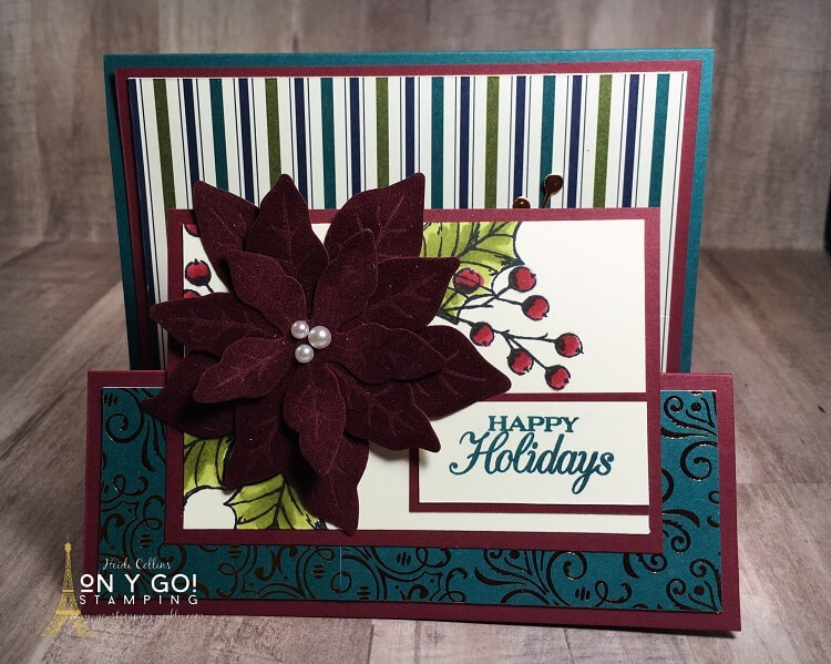 Double easel fun fold card idea using the Poinsettia Petals stamp set and Brightly Gleaming patterned paper from Stampin' Up! This quick card idea is also elegant and makes a perfect Christmas card design.