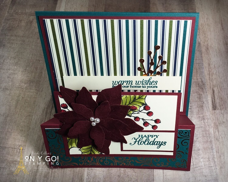 Fun fold card idea using the Poinsettia Petals stamp set and the Brightly Gleaming patterned paper from Stampin' Up! This double easel card design is quick and elegant.