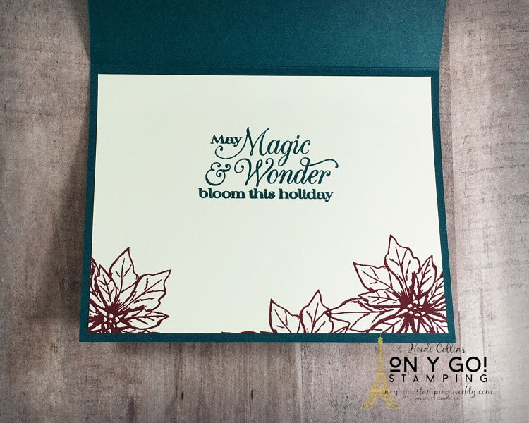 Inside of a double easel fun fold card design. This Christmas card idea uses the Poinsettia Petals stamp set and the Brightly Gleaming patterned paper from Stampin' Up!