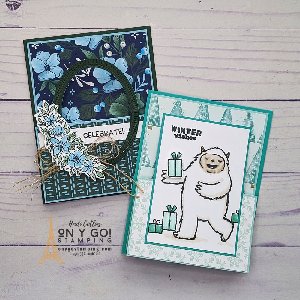 Easy double easel fun fold card includes a free tutorial, video tutorial, and sample card designs using the Yeti to Party and Framed Florets stamp sets from Stampin' Up!®