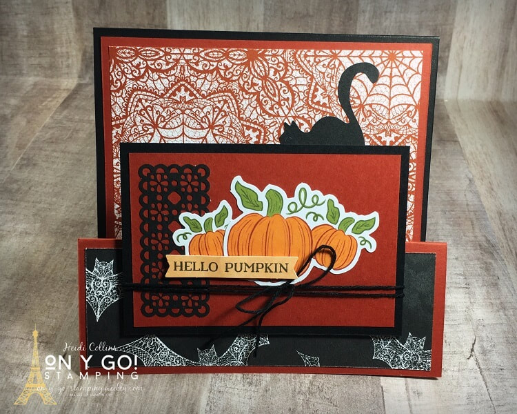 Double easel fun fold card idea. This handmade Halloween card design features the Magic in This Night Designer Series Paper and elements from the September Paper Pumpkin kit from Stampin' Up!