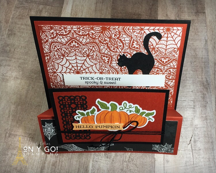 Fancy fold card design for a Halloween card using the September Paper Pumpkin and the Magic in This Night patterned paper from Stampin' Up!