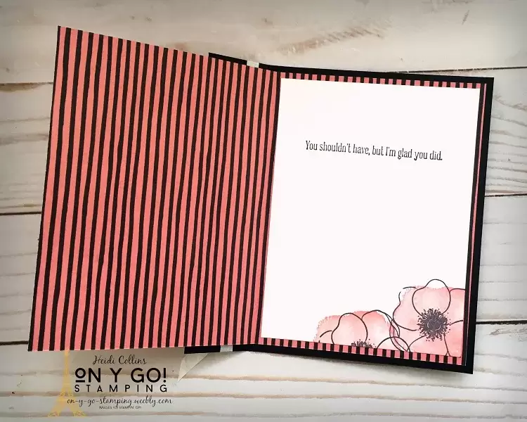 Inside of a double front fun fold card using the Painted Poppies and Peaceful Moments stamp sets. Plus, this card uses the new Flower and Field patterned paper that you can get free during Stampin' Up!'s Sale-A-Bration.