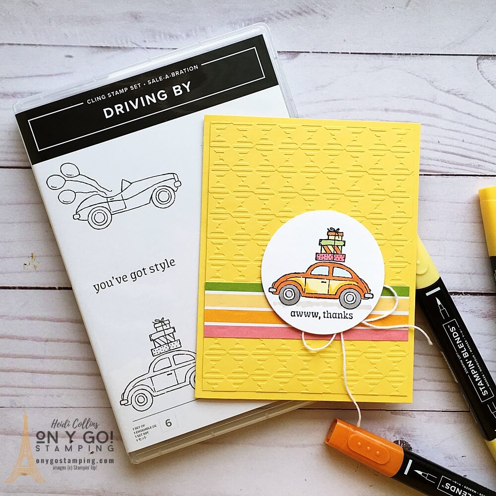 Sale-A-Bration 2022 is happening in January & February. Get FREE stamps and patterned papers like the Driving By stamp set and Sunshine & Rainbows patterned paper used to make these fun handmade thank you cards.