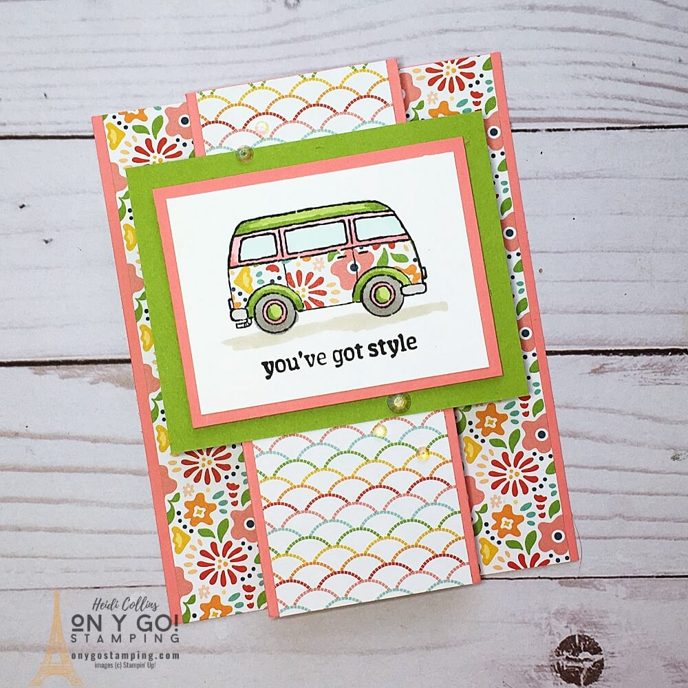 Use the Driving By stamp set and Pattern Party Designer Series Paper to create this colorful fun fold card. The Driving By stamp set is available FREE during Sale-A-Bration 2022. Plus, see more samples of this fun fold card.