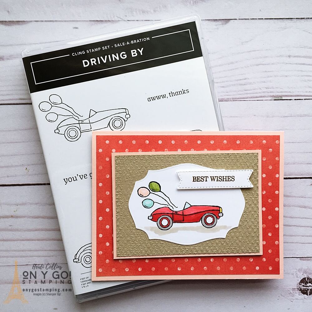 Handmade card idea featuring a red convertible. Make this card with the Driving By stamp set and Flowering Fields patterned paper from Stampin' Up!