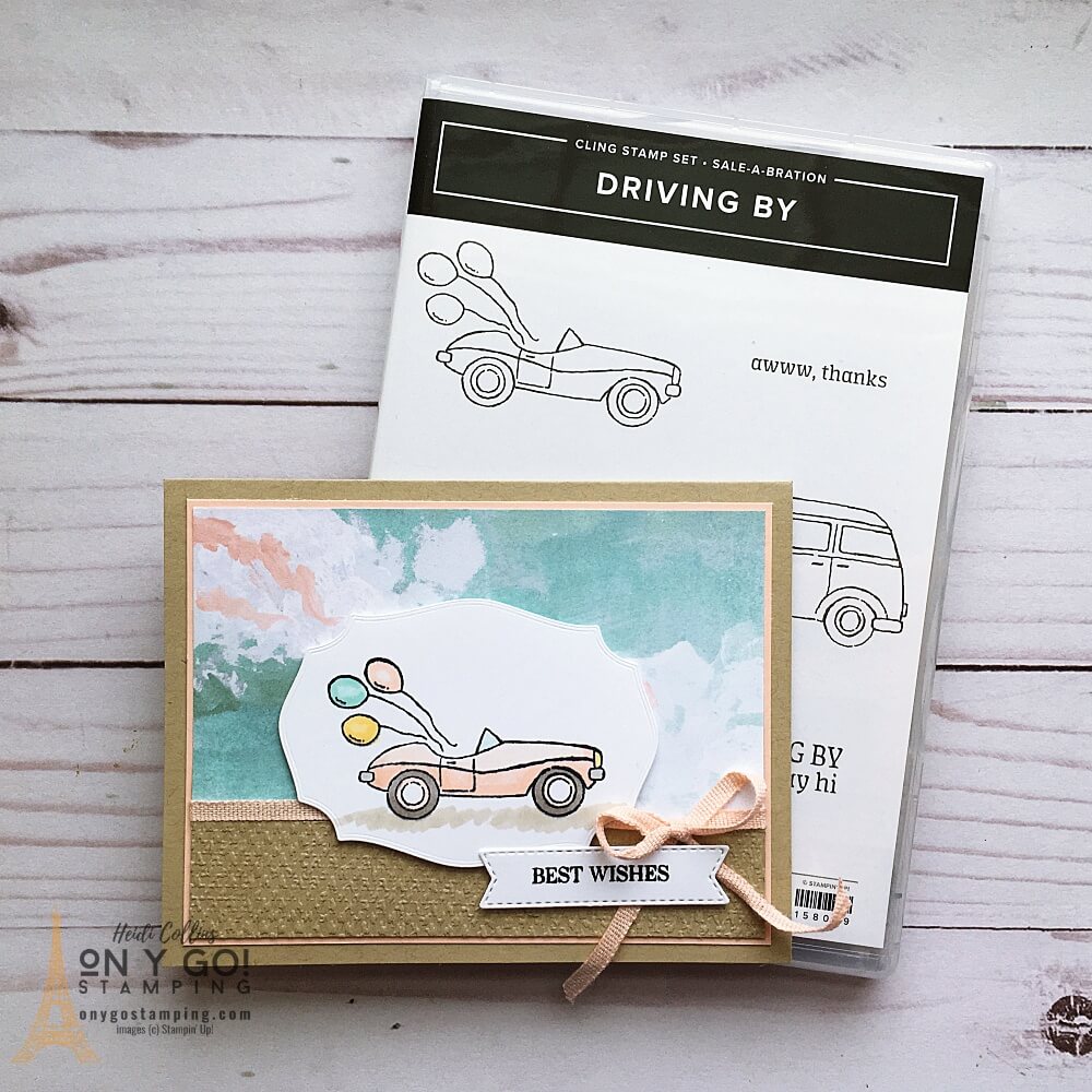 Combine the Flowering Fields patterned paper with the Driving By stamp set to create fun handmade cards. Get these stamps free from Stampin' Up! during Sale-A-Bration 2022.
