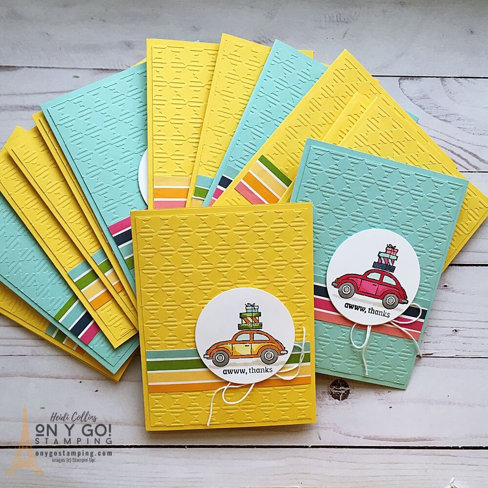 Handmade thank you card ideas with FREE stamps and paper from Sale-A-Bration 2022 from Stampin' Up! Get the Driving By stamp set or Sunshine & Rainbows patterned paper for FREE with a qualifying order.