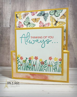 Card making idea for a fun fold box card using the Field of Flowers stamp set and Butterfly Bijou patterned paper from Stampin' Up!