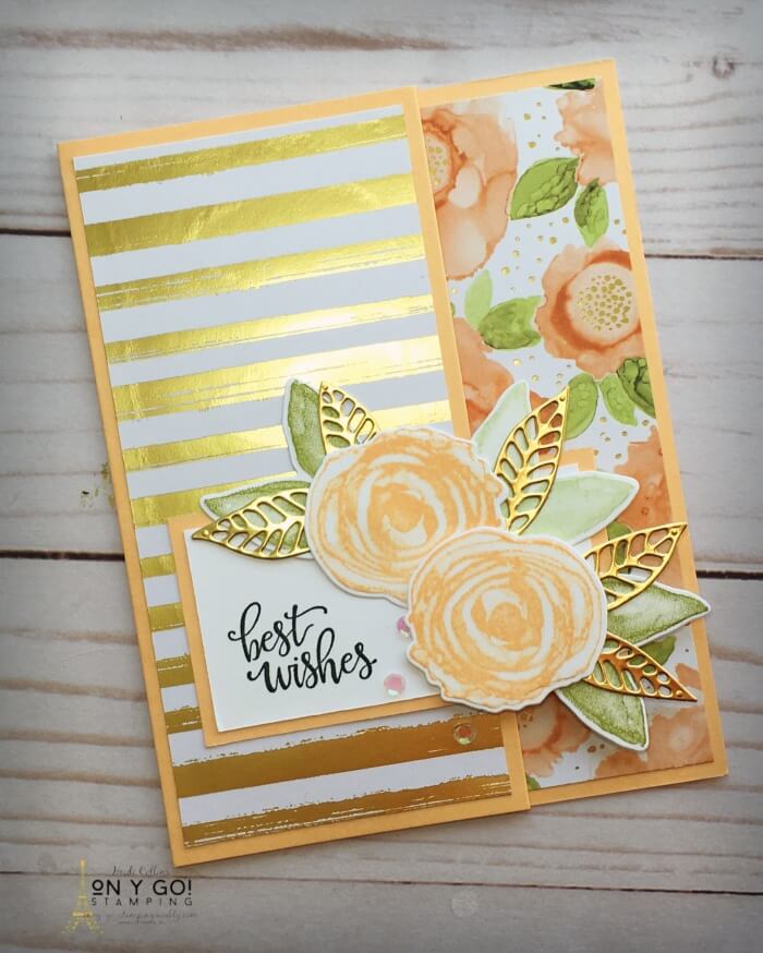 Elegant handmade wedding card with a gift card holder. This beautiful handmade card design features beautiful gold accented patterned paper from the Expressions in Ink suite from Stampin' Up!