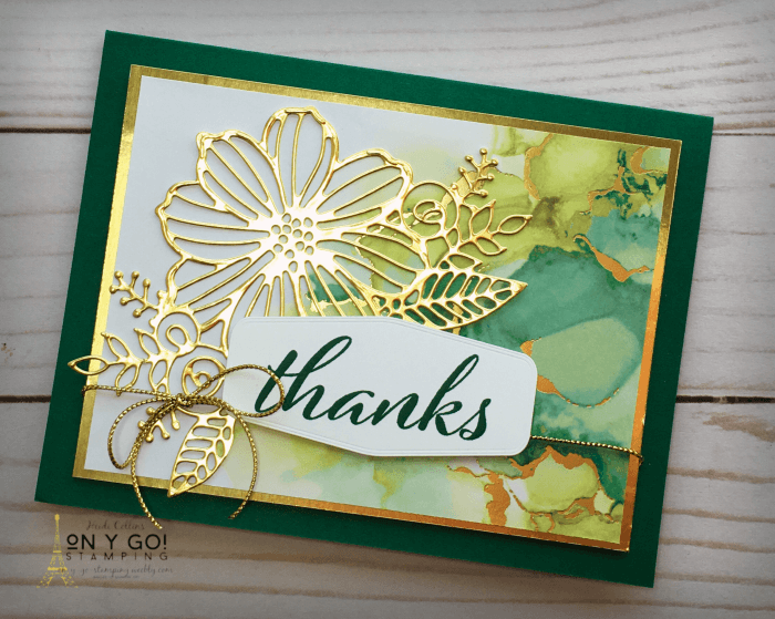 Thank you card idea with the Expressions in Ink patterned paper. This elegant handmade card has beautiful gold accents. 
