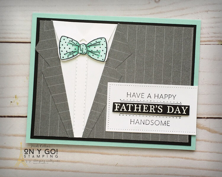 Father's Day card design with a suit front. This masculine card idea is the perfect handmade card for dad. The Suit and Tie dies from Stampin' Up! make it easy to create a suit front using patterned paper.