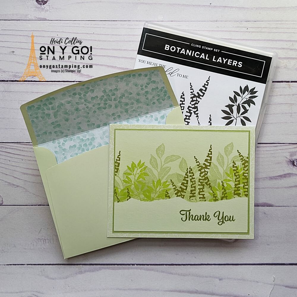 Use the Botanical Layers stamp set from Stampin' Up! with the Notecards & Envelopes that you can get FREE during Sale-A-Bration 2022 to create this lovely handmade card. See how to do the faux ripped paper technique.