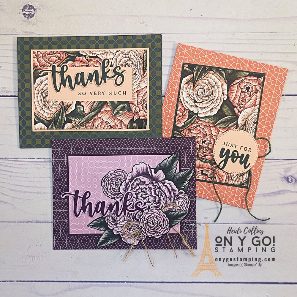 Gorgeous handmade cards with the Favored Flowers patterned paper from Stampin' Up!® This patterned paper is available for FREE during Sale-A-Bration 2023.These card designs also use the Amazing Thanks dies and the Kind & Sincere and Sentiment Park stamp sets.