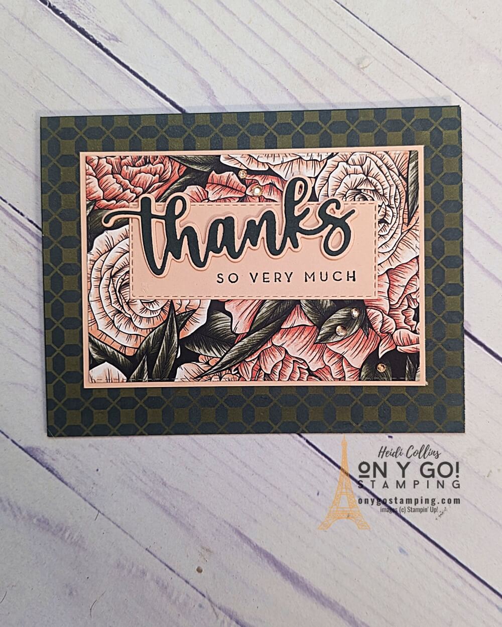 Handmade thank you card with the Favored Flowers Designer Series Paper from Stampin' Up!® This patterned paper is available for FREE during Sale-A-Bration 2023.