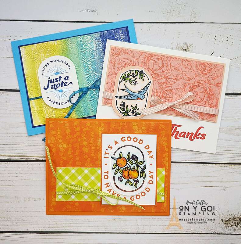 Bright and cheery handmade cards made with the Filled with Happiness Stamp Set from Stampin' Up!®️ Use the coordinating Modern Oval punch to cut out the images in this fun stamp set.