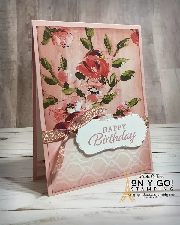 Quick birthday card idea using the Fine Art Floral patterned paper, blending brushes, and the Happy Thoughts stamp set from Stampin' Up!