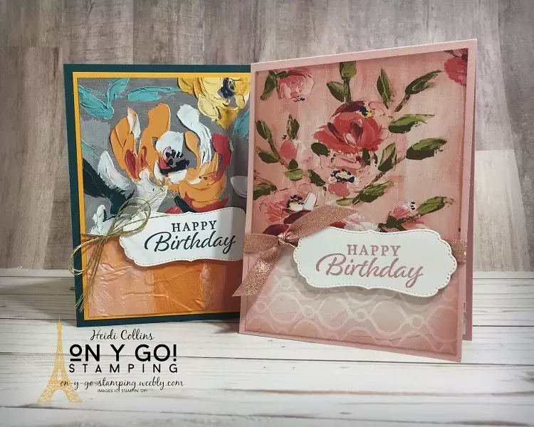 Quick birthday card ideas using the Fine Art Floral patterned paper, blending brushes, and the Happy Thoughts stamp set from Stampin' Up!