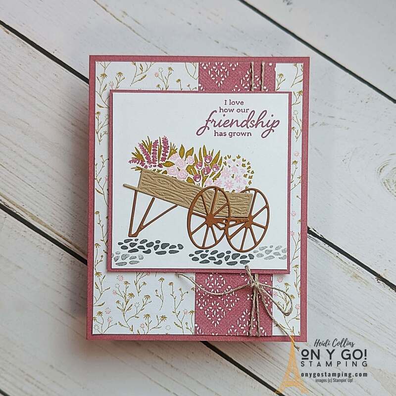 Create a handmade card with the Flower Cart stamp set and Poetic Expressions patterned paper from Stampin' Up! This floral card is perfect to send to a friend.
