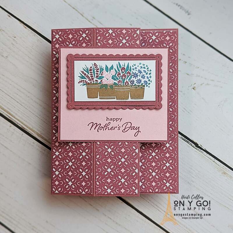 Here's a beautiful floral Mother's Day card that you can make! This fun fold card uses the Flower Cart stamp set and Poetic Expressions patterned paper.
