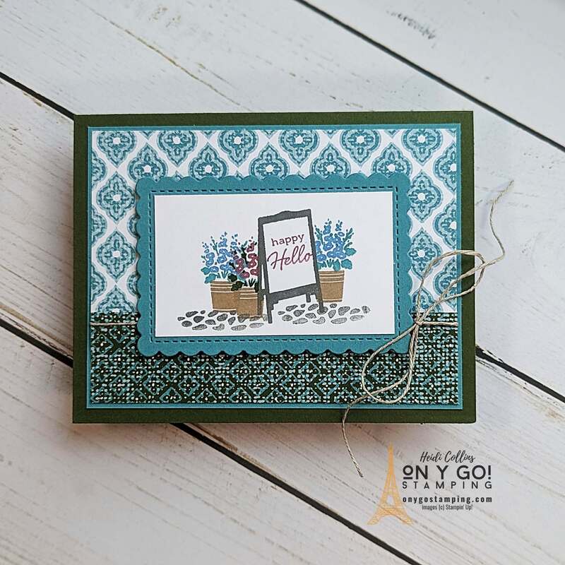 Send a handmade card to wish a happy hello. This greeting card uses the Flower Cart stamp set and Poetic Expressions patterned paper from Stampin' Up!®️ 