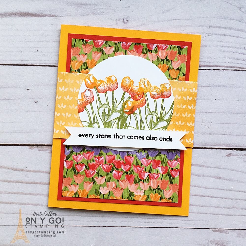 Beautiful floral tulip card using the Flowering Rain Boots stamp set and Flowering Fields Patterned Paper from Stampin' Up! Find these products in the NEW 2022 January-June Mini Catalog.