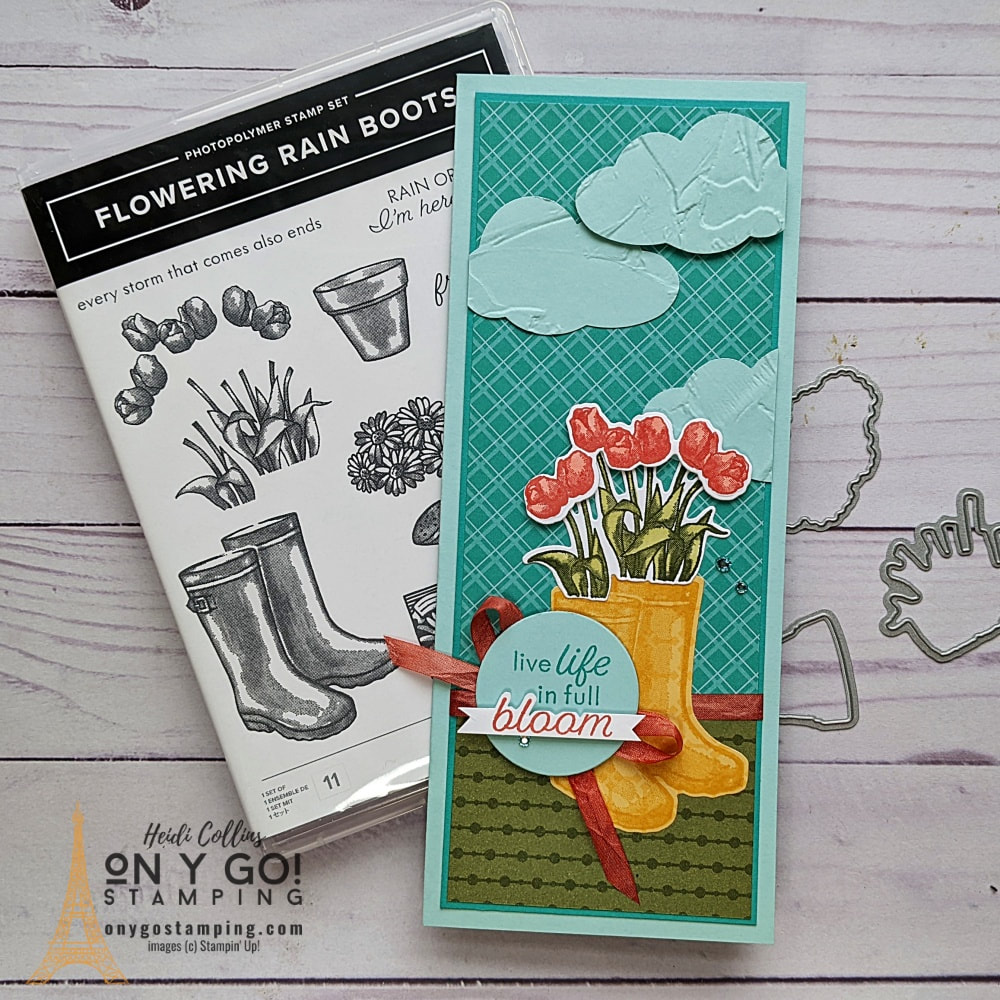 Create a fun card for spring with the Flowering Rain Boots stamp set from Stampin' Up! This slim line card uses lots of patterned paper and layers!