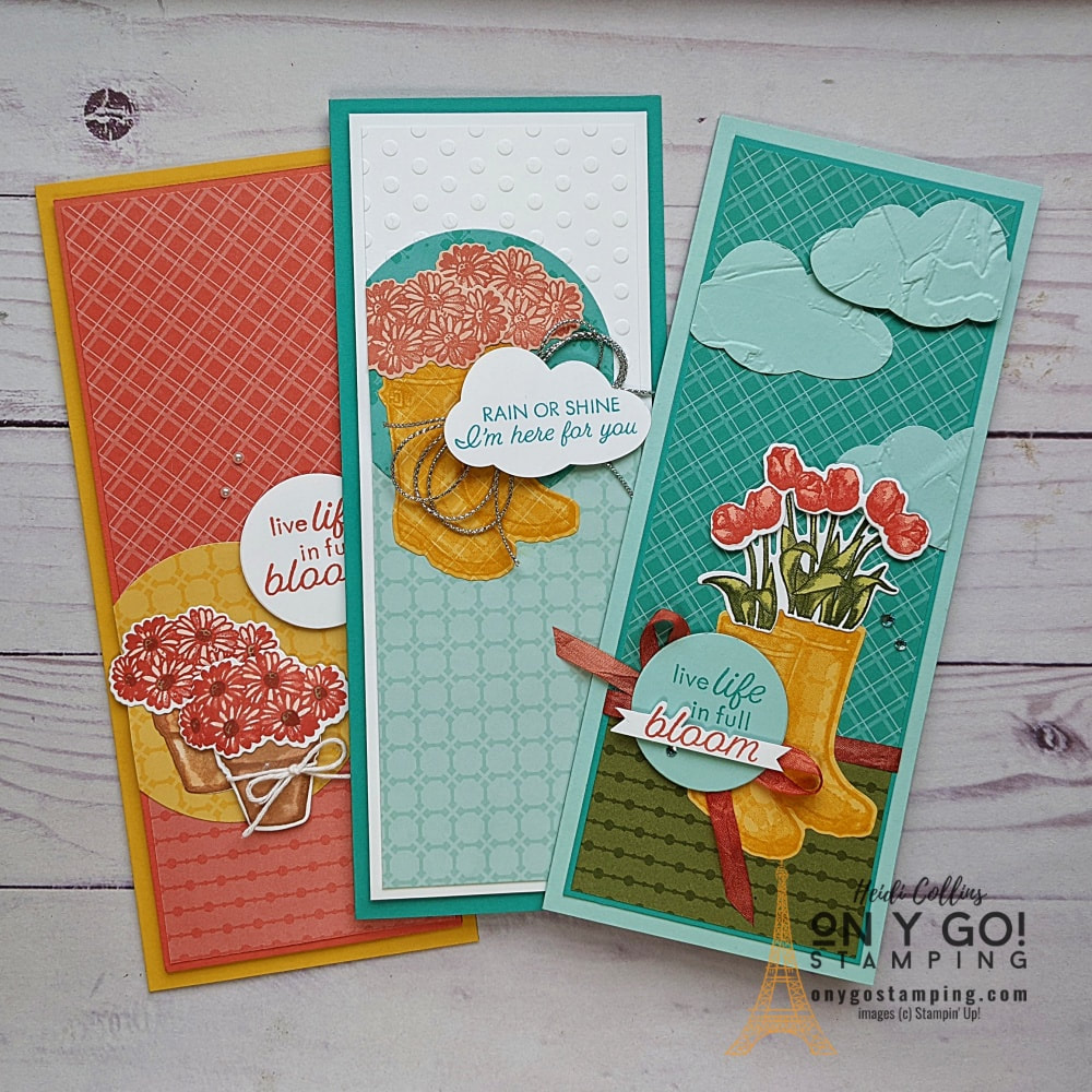 A trio of spring cards using patterned paper and the Flowering Rain Boots stamp set from Stampin' Up! These slim line cards are filled with patterns and texture!