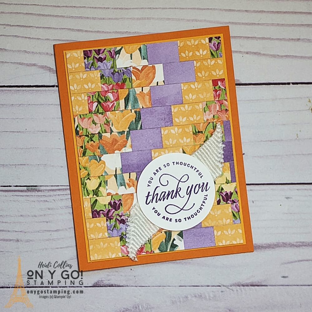 Thank you card idea using the Flowering Tulips stamp sets and paper scraps from the Flowering Fields patterned paper from Stampin' Up! See how to use the bargello card making technique to use your paper scraps.