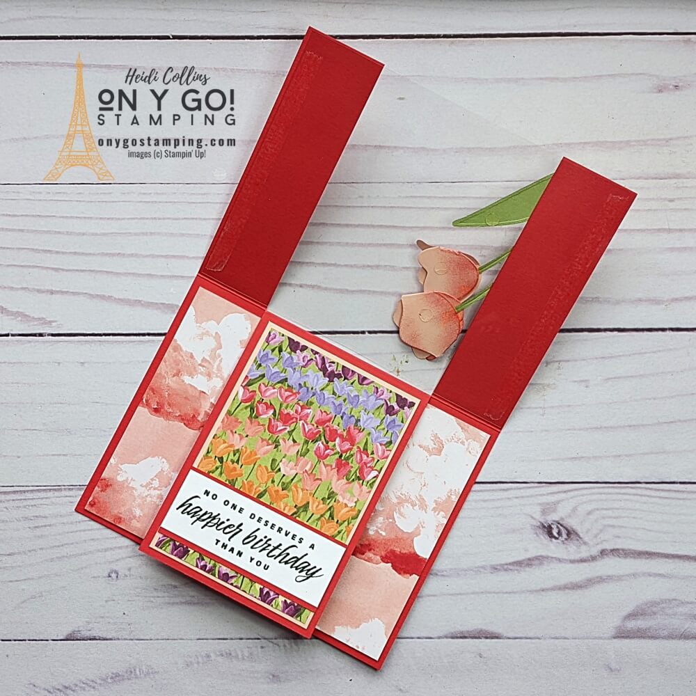 Inside of a fun fold birthday card idea using the Flowering Tulips stamp set and Flowering Fields patterned paper from Stampin' Up!