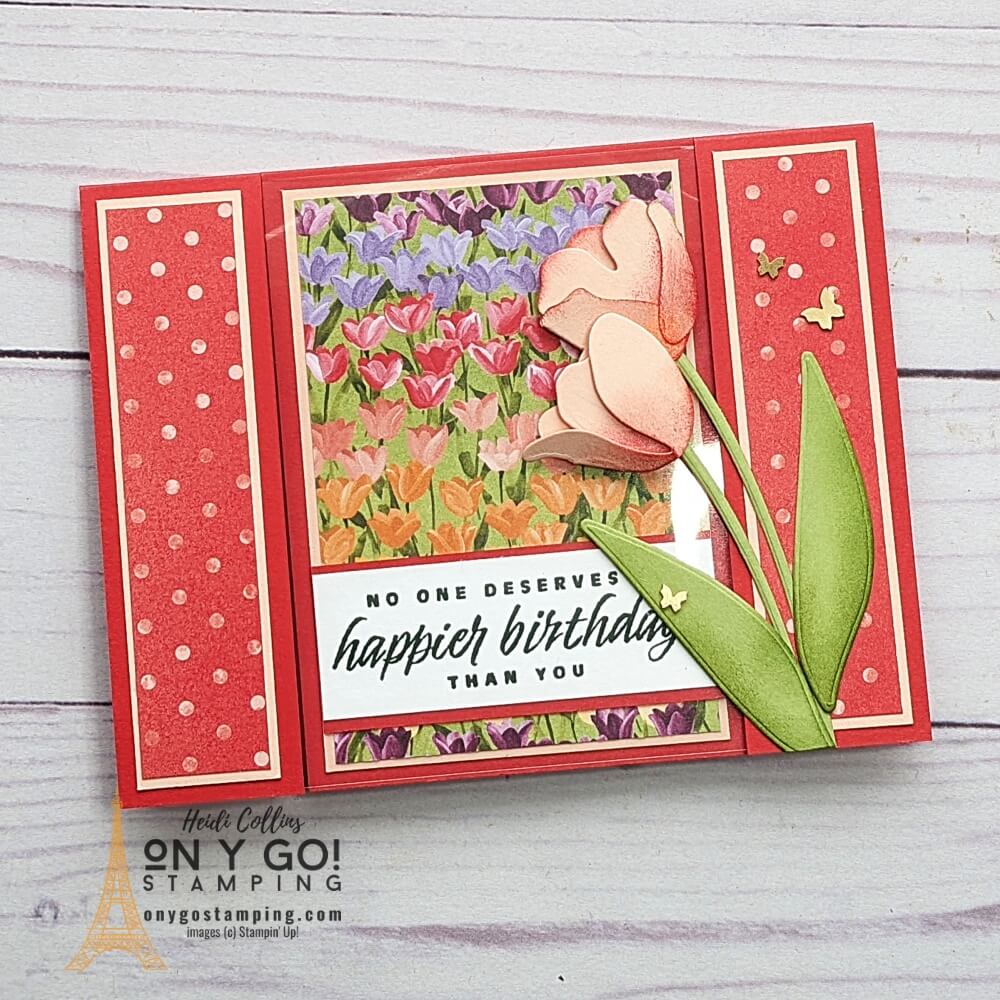 See how to make a fun fold birthday card with the Flowering Tulips stamp set, Tulips dies, and Flowering Fields patterned paper.