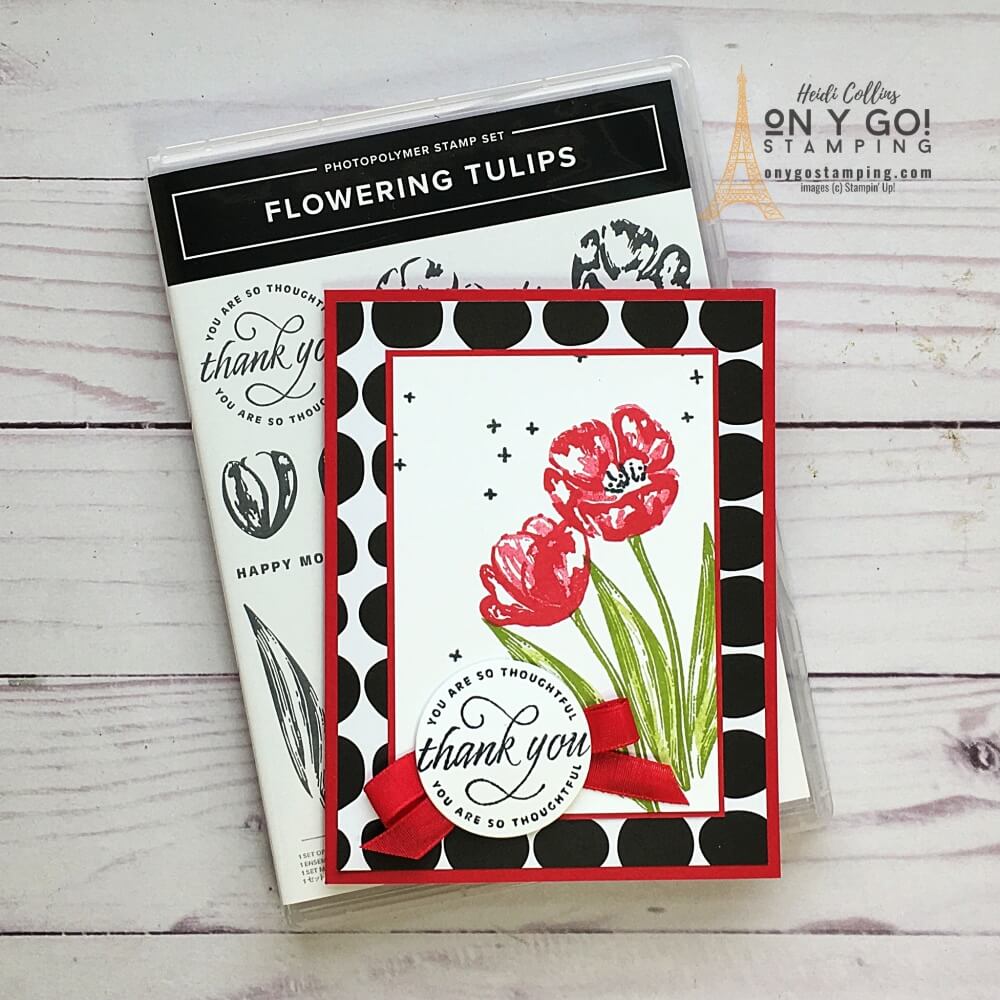 Floral thank you card idea with the Flowering Tulips stamp set from Stampin' Up!® This beautiful handmade card idea is based on a simple card sketch. Click for the cutting dimensions and the supply list.